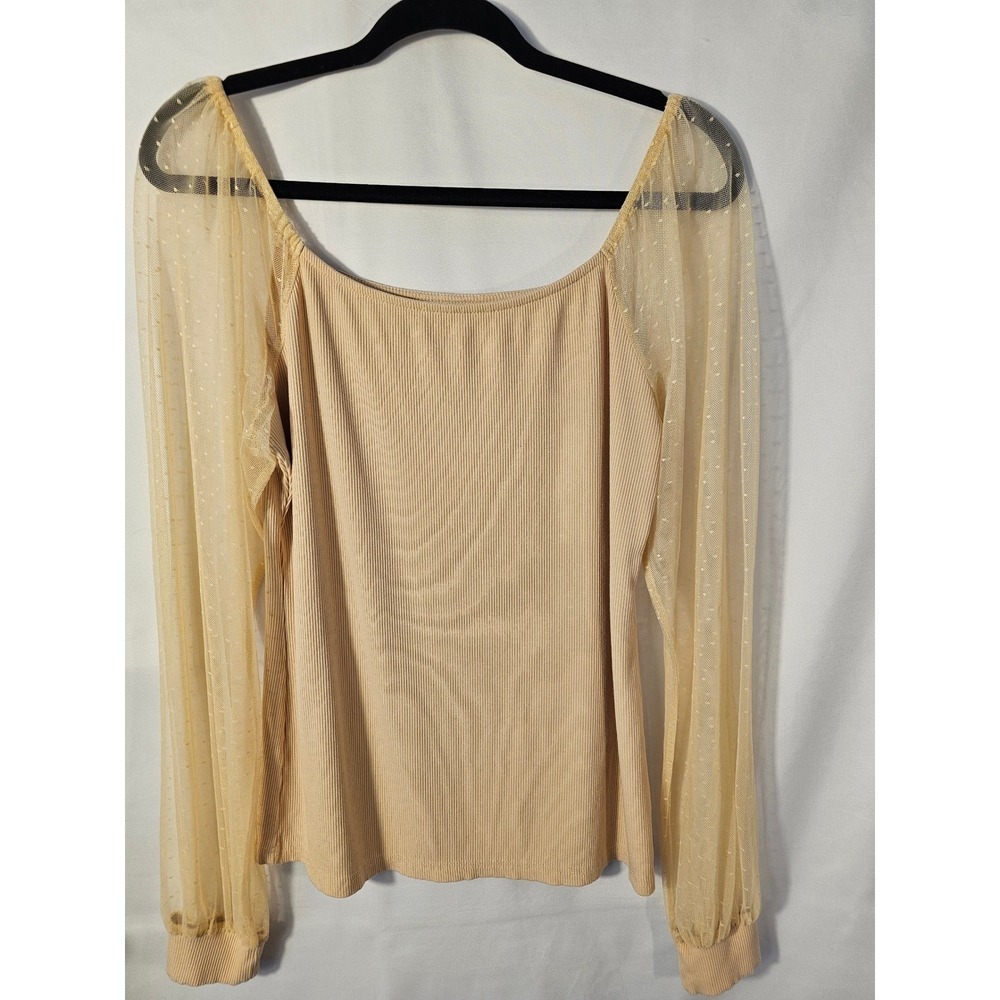 Dorose Beige Ribbed Knit Square Neck Top with Sheer Swiss Dot Mesh Sleeves XL‎
